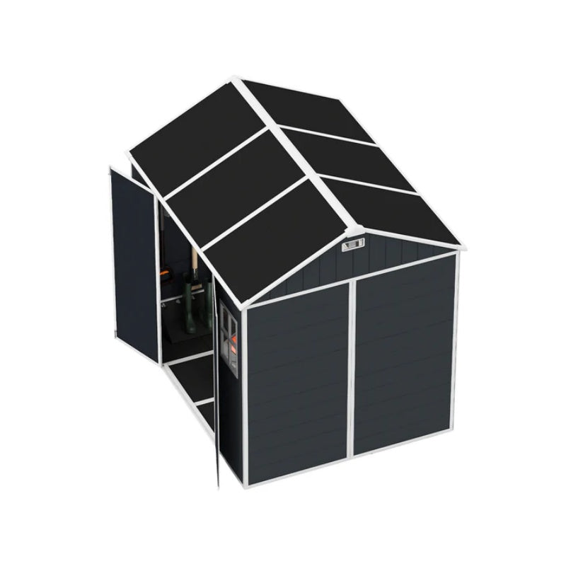8*7ft Outdoor Storage Shed, Outdoor Resin Shed with Two-Window and Double-Door, Plastic Shed with Floor for Garden, Patio, Yard, Lawn (Dark Gray)-海智集-Default-