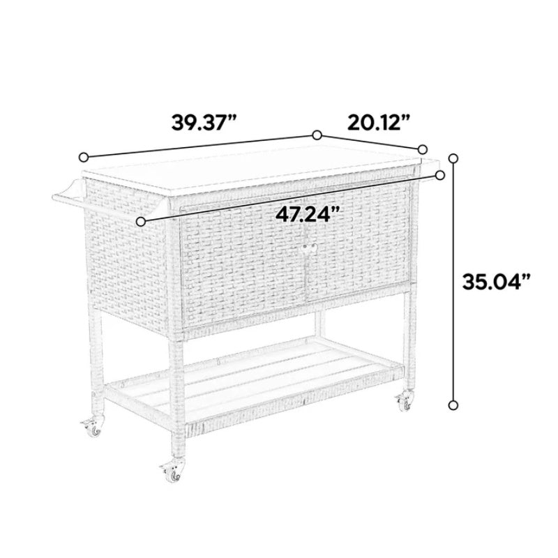 Outdoor Wicker Bar Cart, Patio Wine Serving Cart w/Wheels, Rolling Rattan Beverage Bar Counter Table w/Glass Top for Porch Backyard Garden Poolside Party, Brown-海智集-Default-