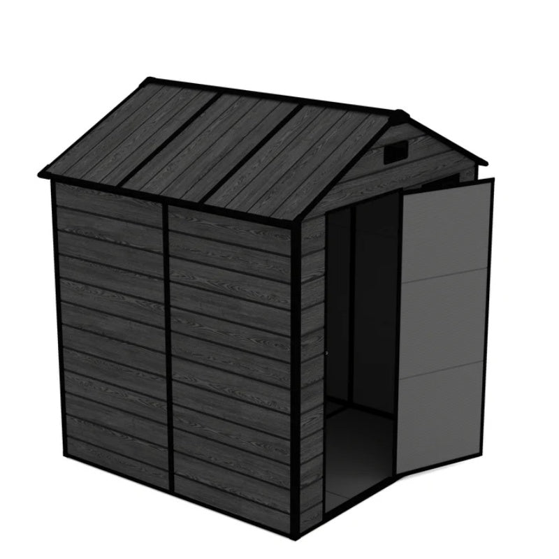 Campcraft 6*6ft resin storage shed, high quality pp material, strong structure, waterproof, rust and UV proof, large storage space, 12mm thick pp board, HD window lighting Black wood grain color-海智集-Default-