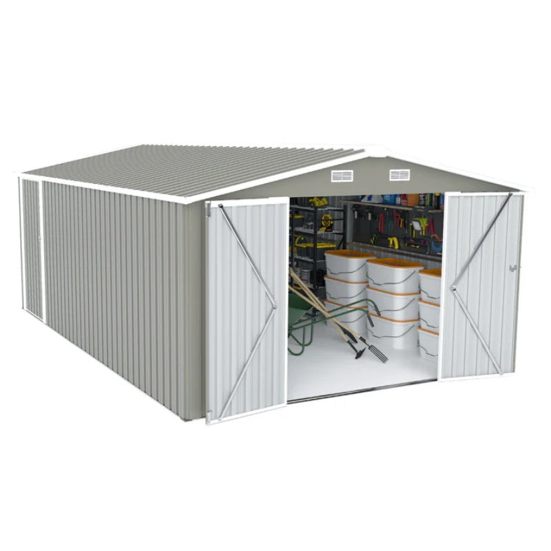 Campcraft Outdoor Storage Shed 10×14 FT with 3 Lockable Doors,Utility Tool Shed Metal Storage Garden Sheds Frame and 4 Vents,for Backyard,Patio,Lawn,Light Grey-海智集-Default-