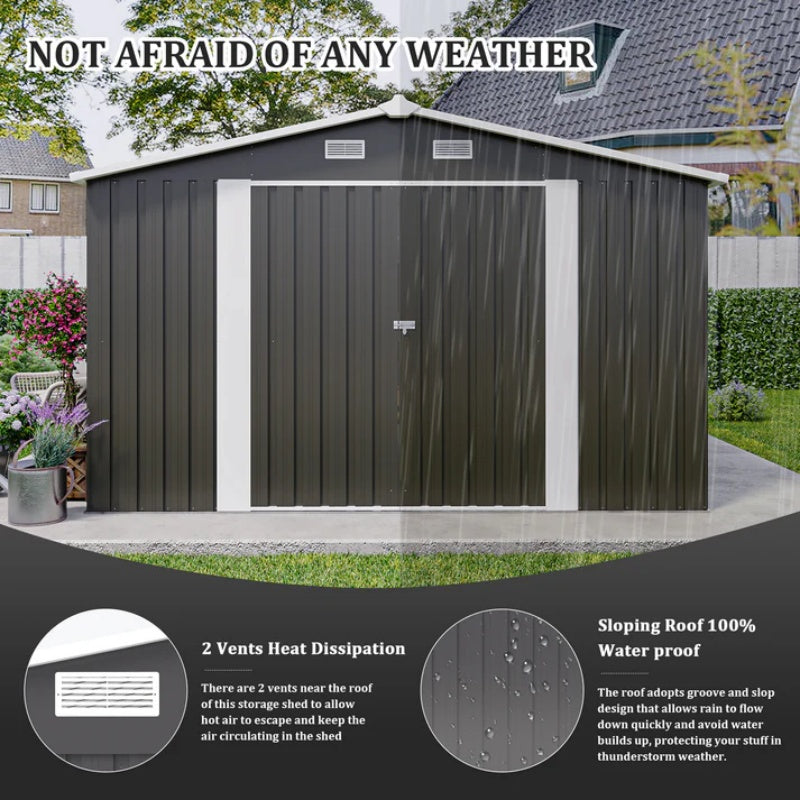 Campcraft Outdoor Storage Shed 10×14 FT with 3 Lockable Doors,Utility Tool Shed Metal Storage Garden Sheds Frame and 4 Vents,for Backyard,Patio,Lawn,dark Grey-海智集-Default-