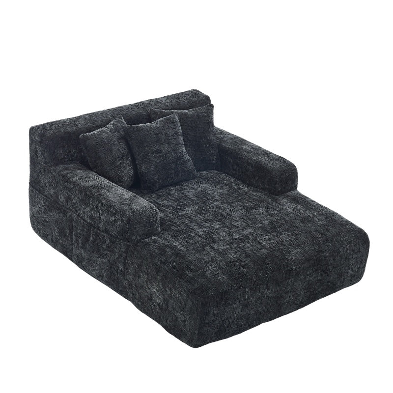 Chenille Interior Lazy Sofa Chaise Lounge Armchair with Three Pillows and Armrests, Black, Soft Chenille, 61.42x48.43x27.95 inches-海智集-Default-