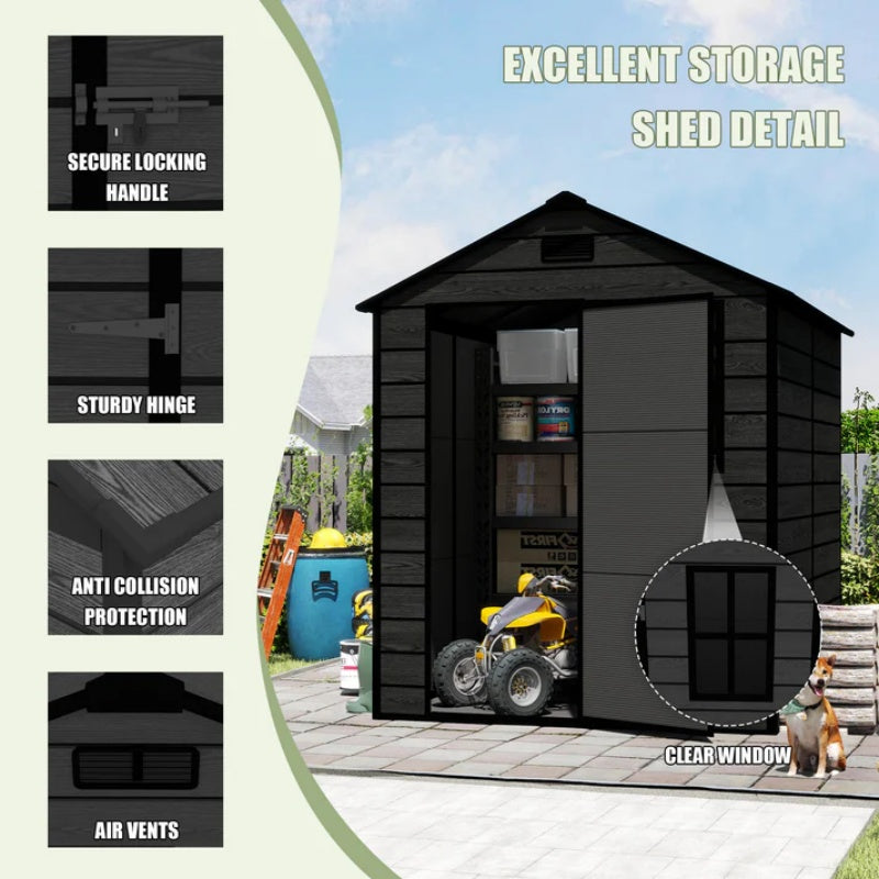 Campcraft 6*6ft resin storage shed, high quality pp material, strong structure, waterproof, rust and UV proof, large storage space, 12mm thick pp board, HD window lighting Black wood grain color-海智集-Default-