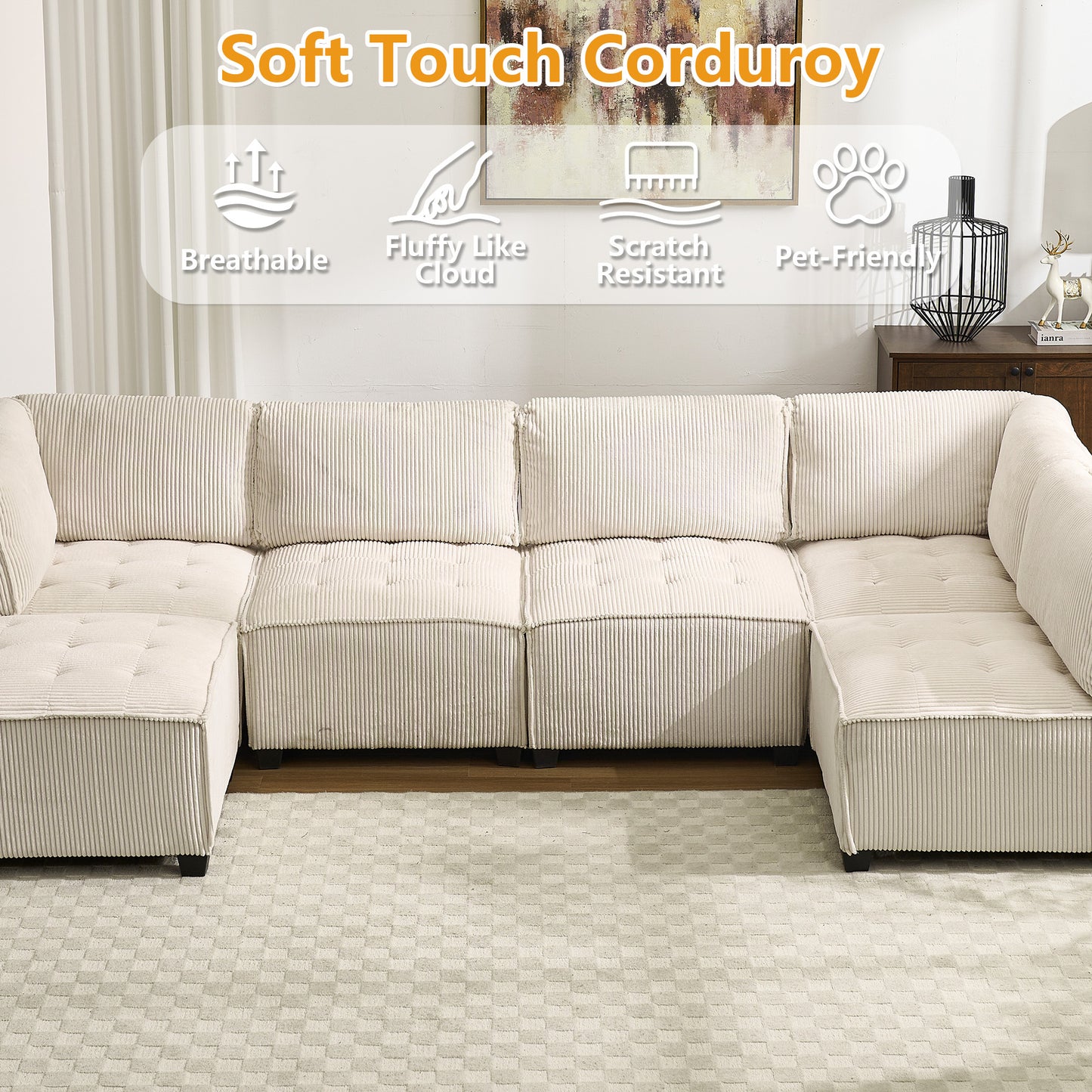 UNITED WE WIN Modular Sectional Sofa U Shaped Modular Couch with Reversible Chaise Modular Sofa Sectional Couch,6- Seat Convertible Sofa,Fit for Living Room-海智集-Default-