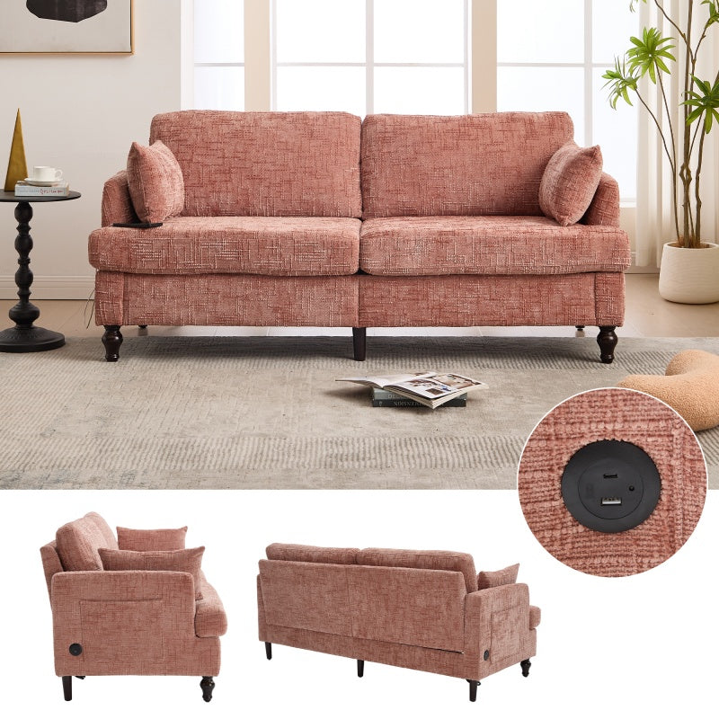Modern Chenille 2-Seater Sofa with LED Light, USB Port, and Storage Bag in Pink-海智集-Default-
