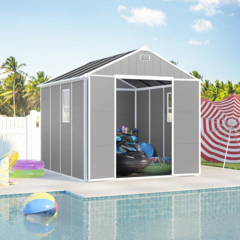 Campcraft 8*8ft resin storage shed, high quality pp material, strong structure, waterproof, rust and UV proof, large storage space, 12mm thick pp board, HD window lighting-海智集-Default-