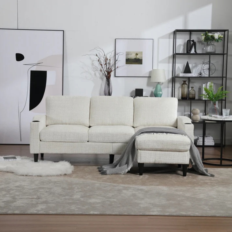 UNITED WE WIN Sofa for three, solid wood frame, Chenille fabric, side pocket, with two cup holders, footstool with storagestorage sofa /Living room sofa cozy sectional sofa-海智集-Default-