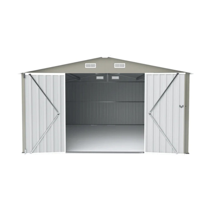 Campcraft Outdoor Storage Shed 10×14 FT with 3 Lockable Doors,Utility Tool Shed Metal Storage Garden Sheds Frame and 4 Vents,for Backyard,Patio,Lawn,Light Grey-海智集-Default-