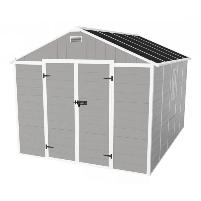 Campcraft 8*10ft resin storage shed, high quality pp material, strong structure, waterproof, rust and UV proof, large storage space, 12mm thick pp board, HD window lighting-海智集-Default-