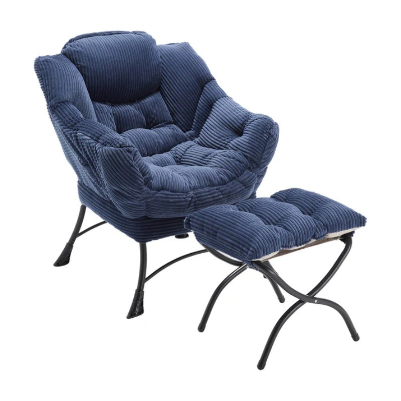 Lazy Chair with Ottoman, Modern Lounge Accent Chair with Armrests and a Side Pocket, Leisure Upholstered Sofa Chair Reading Chair with Footrest for Small Space, Corner Chair-Navy blue-海智集-Default-