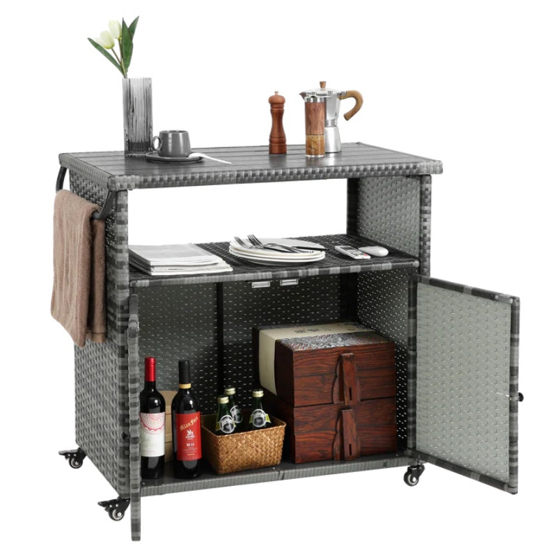 Outdoor Wicker Bar Cart, Patio Wine Serving Cart w/Wheels , Rolling Rattan Beverage Bar Counter Table w/Glass Top for Porch Backyard Garden Poolside Party, Light brown-海智集-Default-