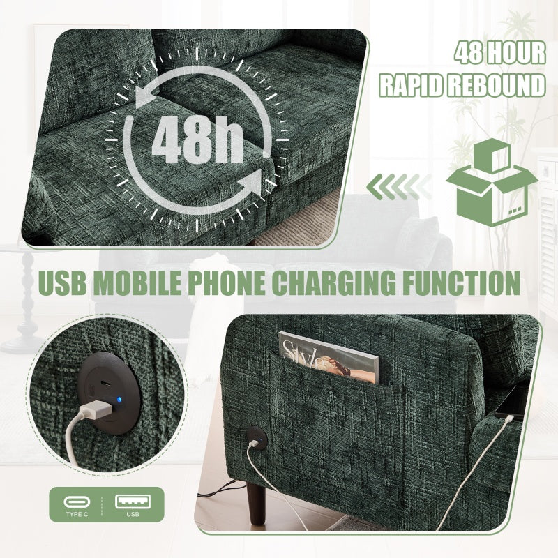 Modern Chenille 2-Seater Sofa with LED Light, USB Charging Port, and Storage Bag in Emerald-海智集-Default-