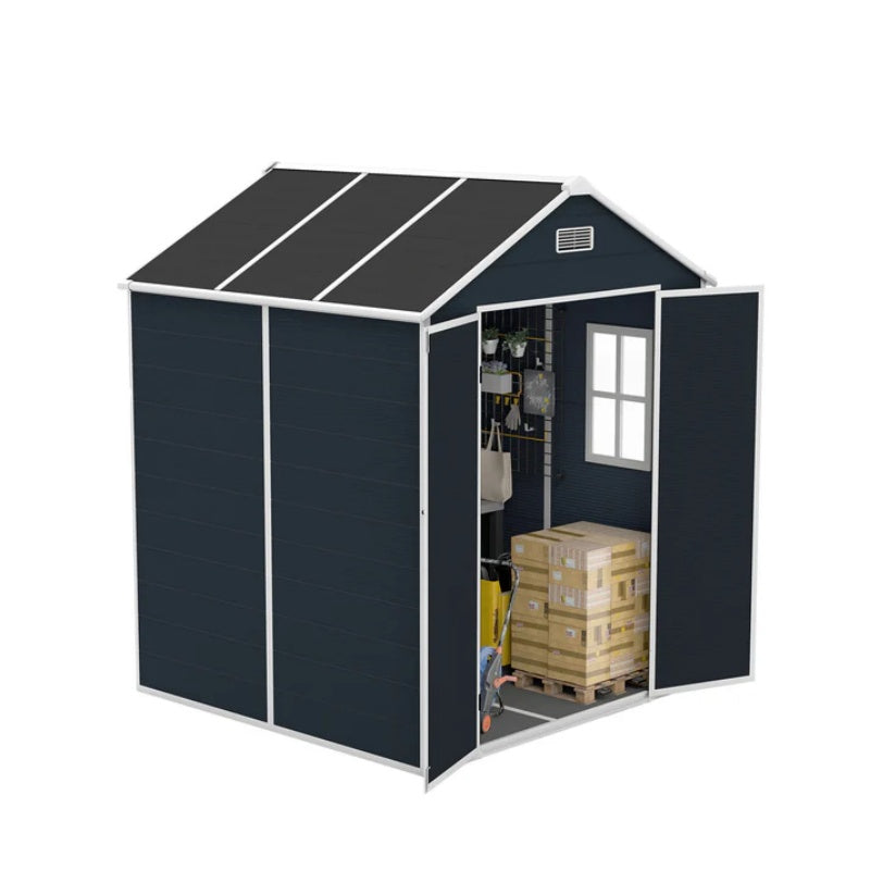 Campcraft 6*6ft resin storage shed, high quality pp material, strong structure, waterproof, rust and UV proof, large storage space, 12mm thick pp board, HD window lighting Dark gray-海智集-Default-