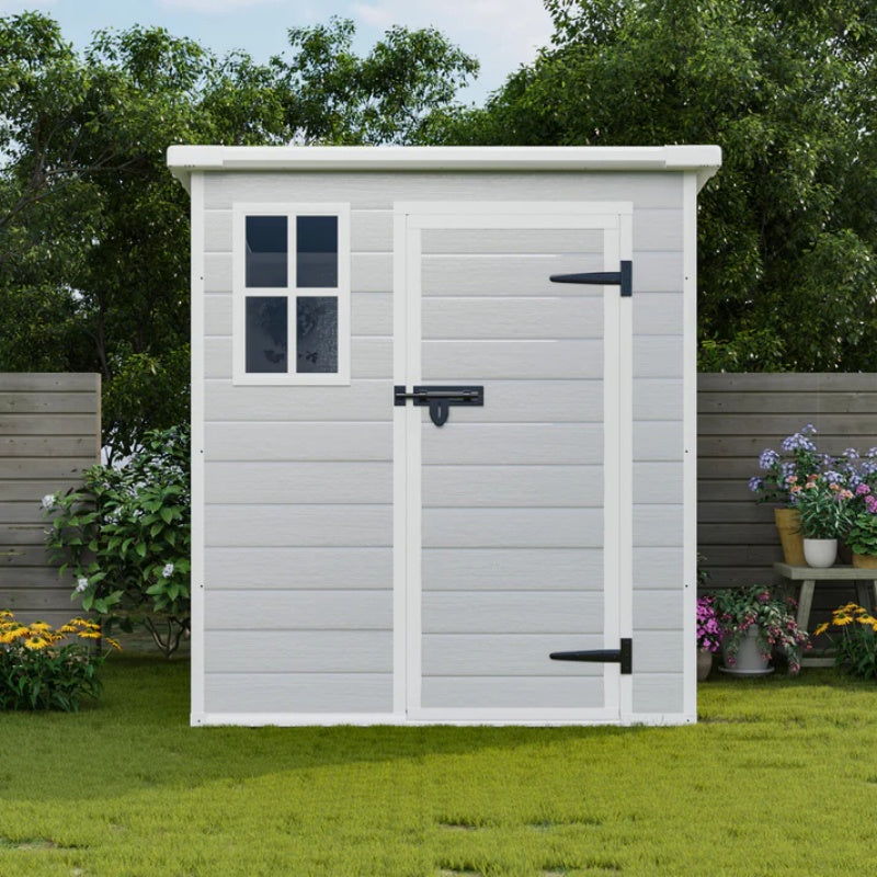 6x6 FT Storage Shed, Waterproof Resin Outdoor Storage Shed with Floor & Window & Lockable Doors and Vents, Tool Shed for Bike, Garden, Backyard,Lawn, All Weather Use, Light Grey-海智集-Default-