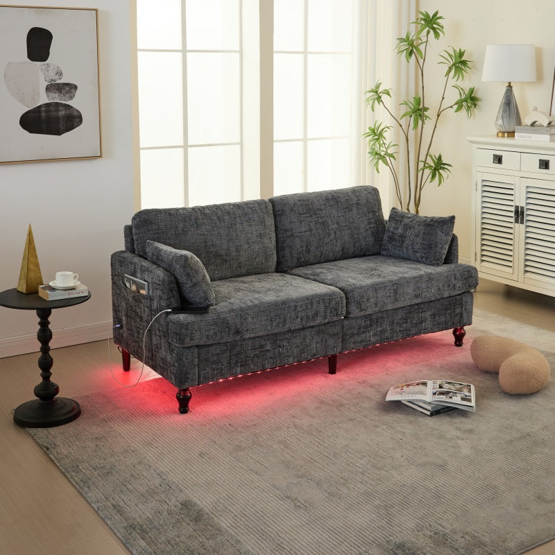 Modern Style Chenille 2-Seater Sofa with LED Light, USB Port, and Storage Bag in Gray-海智集-Default-