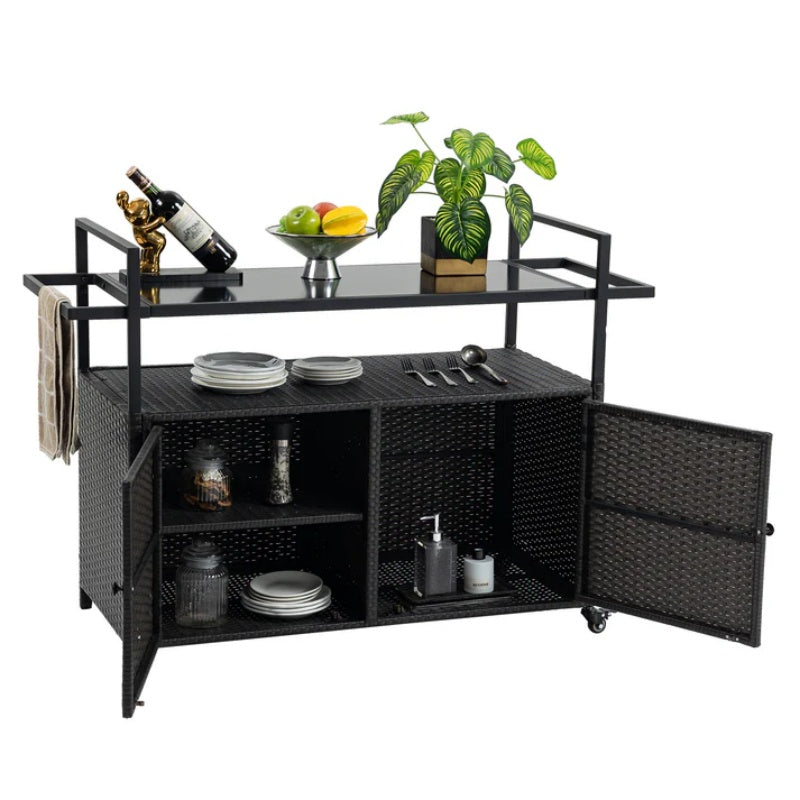 Outdoor Wicker Bar Cart, Patio Wine Serving Cart w/Wheels, Rolling Rattan Beverage Bar Counter Table w/Glass Top for Porch Backyard Garden Poolside Party, Black-海智集-Default-