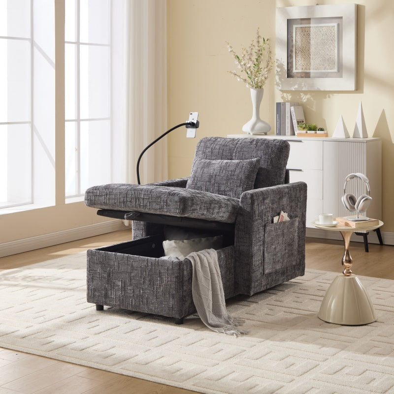 Multifunctional Recliner with Storage Backrest and Cell Phone Bracket in Gray Chenille for Living Room and Bedroom-海智集-Default-