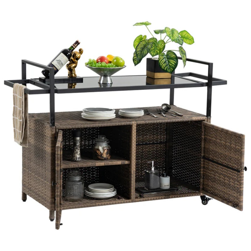 Outdoor Wicker Bar Cart, Patio Wine Serving Cart w/Wheels , Rolling Rattan Beverage Bar Counter Table w/Glass Top for Porch Backyard Garden Poolside Party, Light brown-海智集-Default-