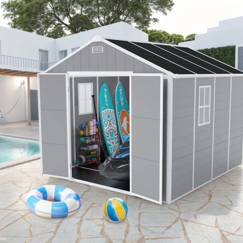 Campcraft 8*8ft resin storage shed, high quality pp material, strong structure, waterproof, rust and UV proof, large storage space, 12mm thick pp board, HD window lighting-海智集-Default-