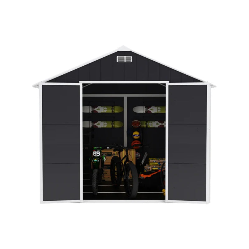 Campcraft 8*8ft resin storage shed, high quality pp material, strong structure, waterproof, rust and UV proof, large storage space, 12mm thick pp board, HD window lighting Dark gray-海智集-Default-