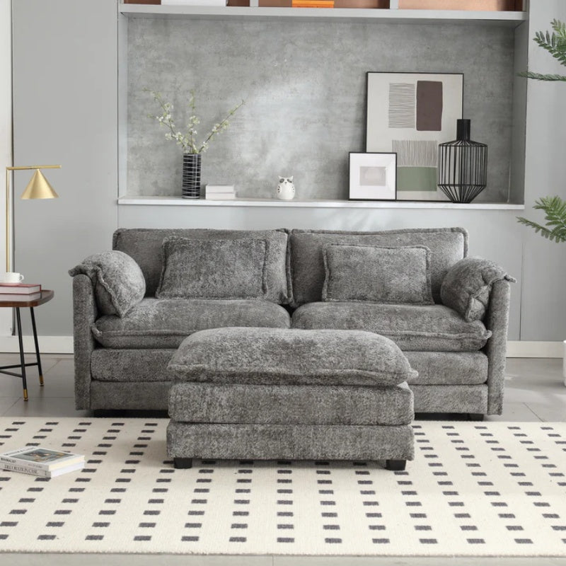 UNITED WE WIN Chenille fabric, removable armrests with side pockets, high density sponge filling, oversized double sofa with footstool-海智集-Default-