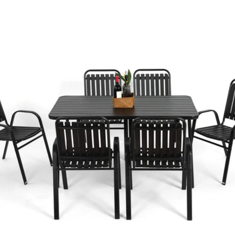 7 Pieces Patio Dining Set, Plastic chair and steel table Outdoor Set, plastic Chairs and Table Set for Garden Patio, Black-海智集-Default-