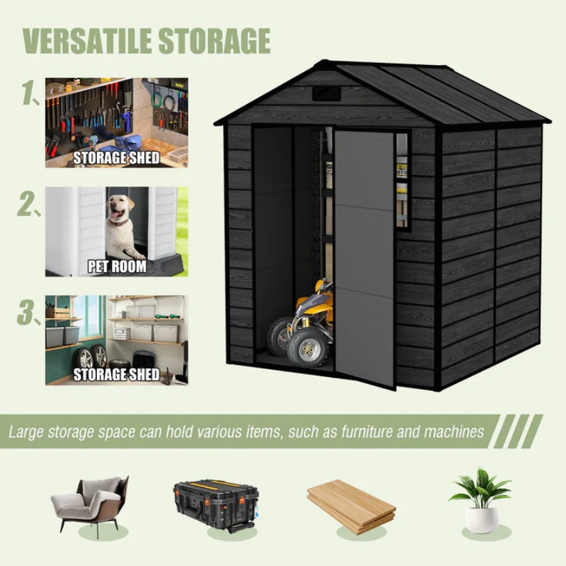 8*7ft Outdoor Storage Shed, Outdoor Resin Shed with Two-Window and Double-Door, Plastic Shed with Floor for Garden, Patio, Yard, Lawn (Dark Gray)-海智集-Default-