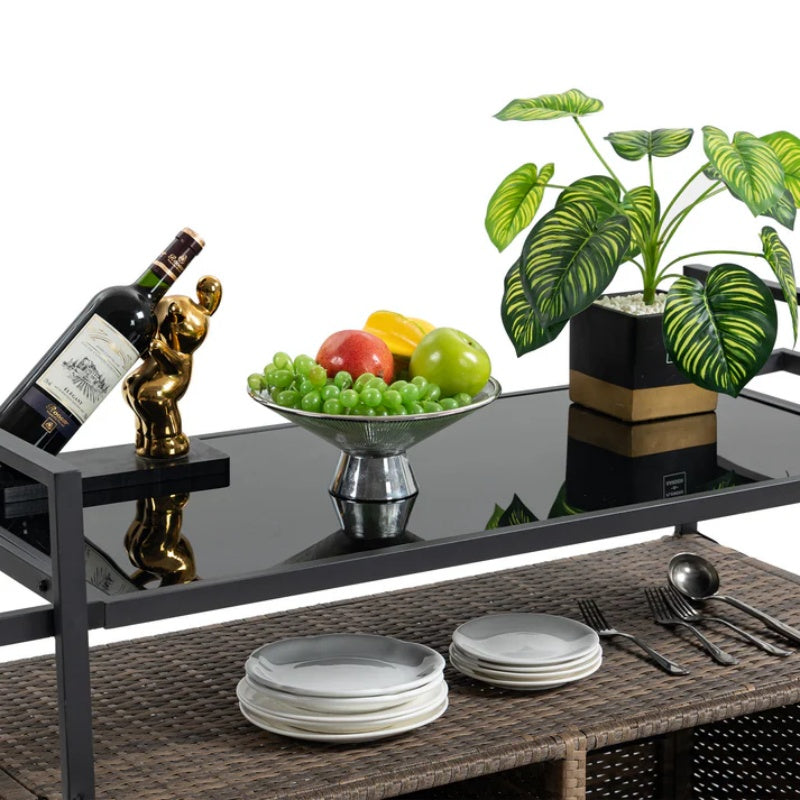 Outdoor Wicker Bar Cart, Patio Wine Serving Cart w/Wheels , Rolling Rattan Beverage Bar Counter Table w/Glass Top for Porch Backyard Garden Poolside Party, Light brown-海智集-Default-