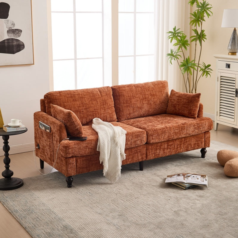 Modern Style Chenille 2-Seater Sofa with LED Light, USB Charging Port & Storage Bag in Orange-海智集-Default-