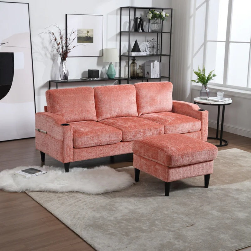 UNITED WE WIN Sofa for three, solid wood frame, Chenille fabric, side pocket, with two cup holders, footstool with storagestorage sofa /Living room sofa cozy sectional sofa-海智集-Default-