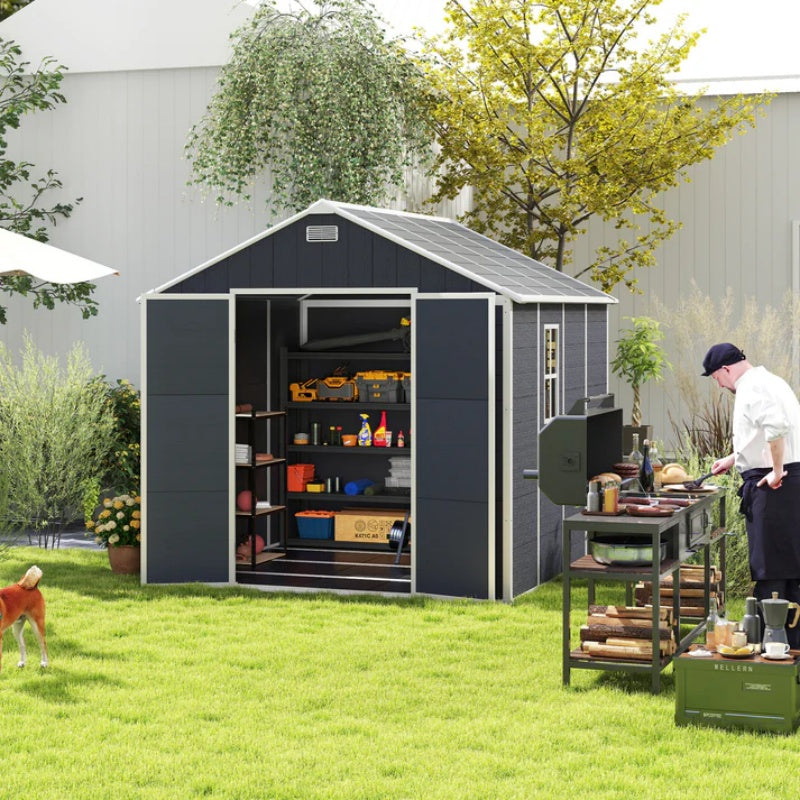 Campcraft 8*8ft resin storage shed, high quality pp material, strong structure, waterproof, rust and UV proof, large storage space, 12mm thick pp board, HD window lighting Dark gray-海智集-Default-
