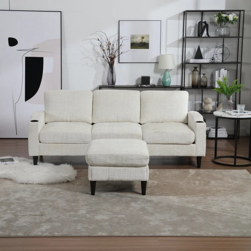 UNITED WE WIN Sofa for three, solid wood frame, Chenille fabric, side pocket, with two cup holders, footstool with storagestorage sofa /Living room sofa cozy sectional sofa-海智集-Default-