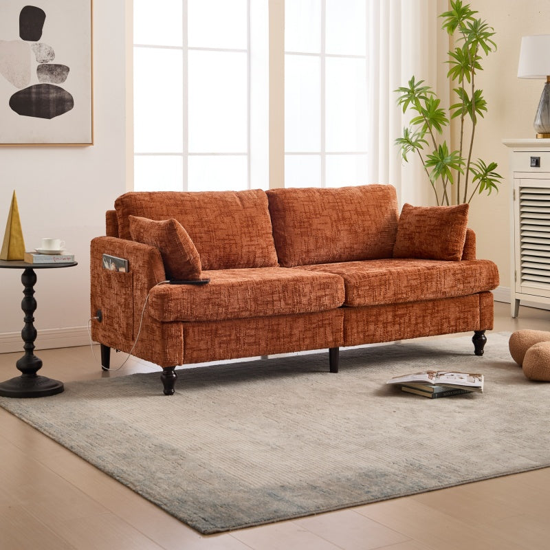 Modern Style Chenille 2-Seater Sofa with LED Light, USB Charging Port & Storage Bag in Orange-海智集-Default-