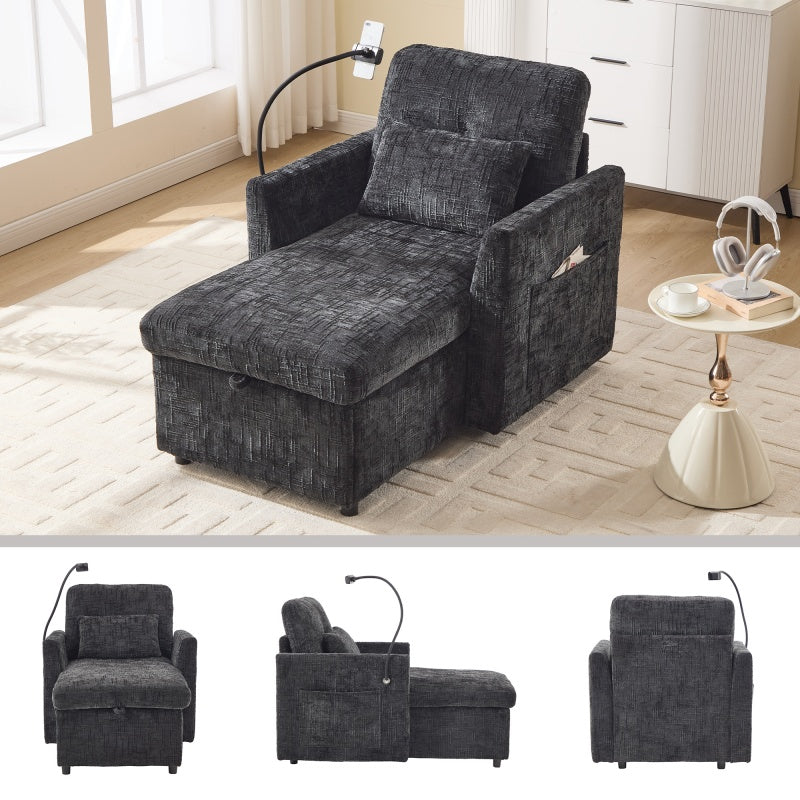 Multifunctional Lazy Person Sofa Recliner with Storage Backrest and Cell Phone Bracket in Chenille for Living Room or Bedroom-海智集-Default-