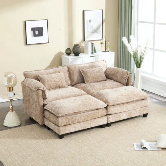 UNITED WE WIN Chenille fabric, solid construction, the overall structure of the sofa is stable, detachable armrests, two foot stools and two-seat sofa with side pockets-海智集-Default-