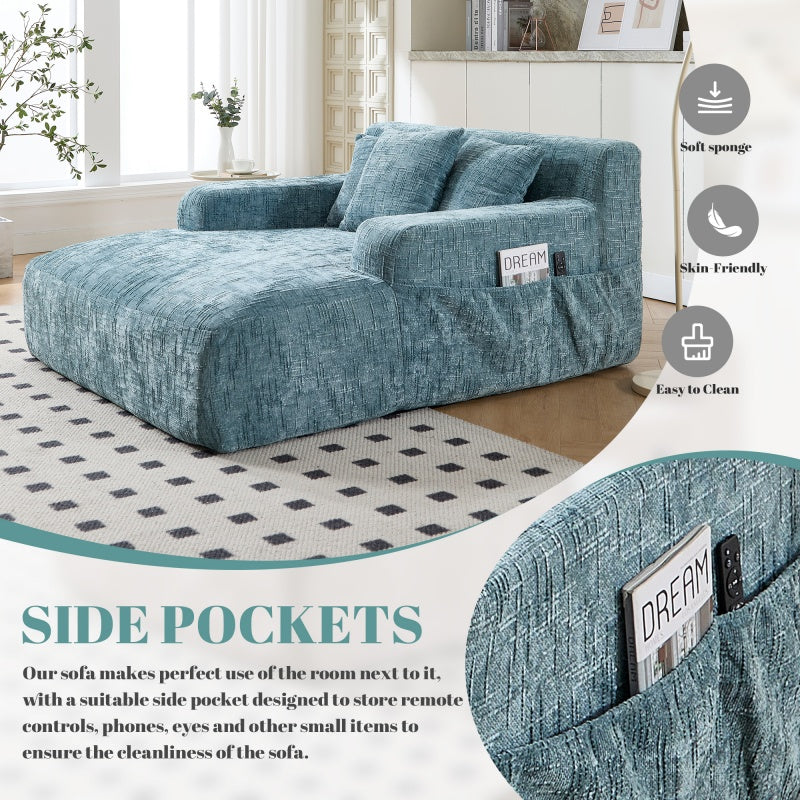 Mint Blue Chenille Interior Lazy Sofa Chaise Lounge Armchair with Three Pillows and Armrests-海智集-Default-