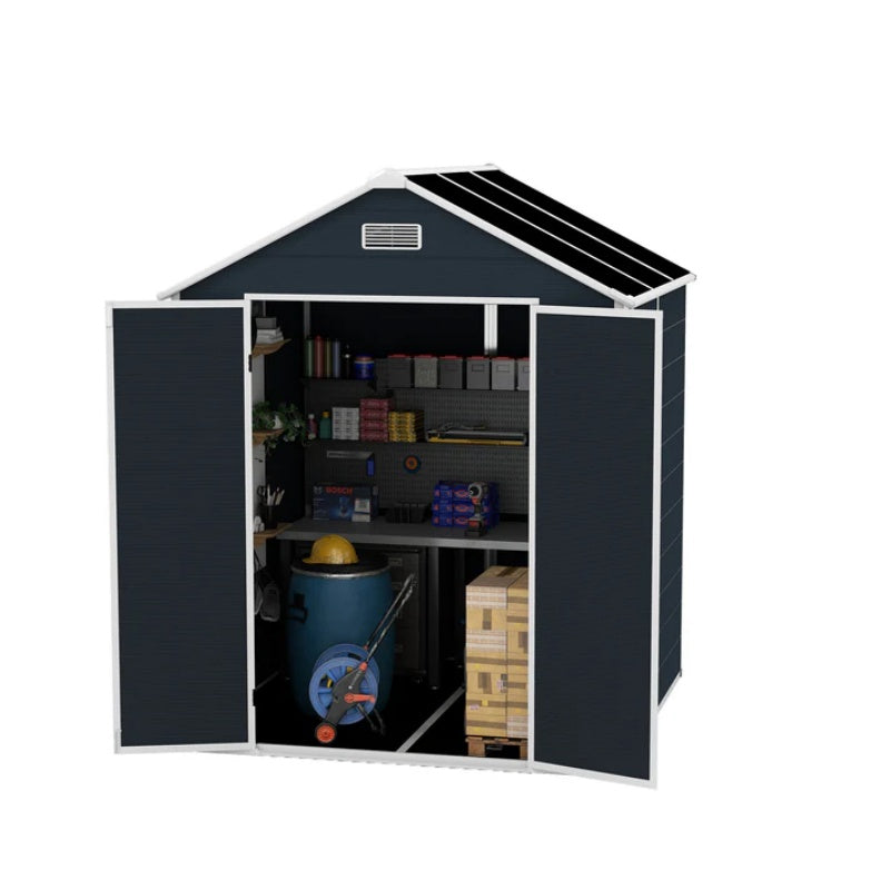 Campcraft 6*6ft resin storage shed, high quality pp material, strong structure, waterproof, rust and UV proof, large storage space, 12mm thick pp board, HD window lighting Dark gray-海智集-Default-