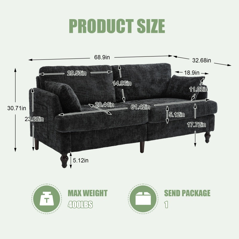 Modern Style Chenille 2-Seater Sofa with LED Light, USB Port and Storage Bag in Black-海智集-Default-
