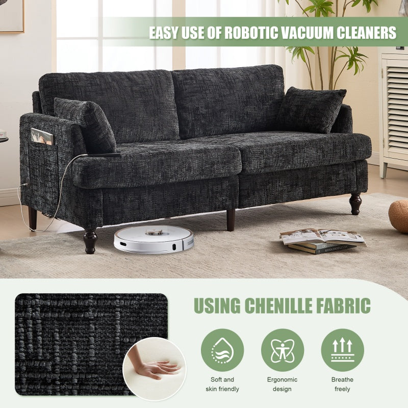 Modern Style Chenille 2-Seater Sofa with LED Light, USB Port and Storage Bag in Black-海智集-Default-