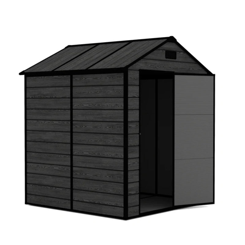 Campcraft 6*6ft resin storage shed, high quality pp material, strong structure, waterproof, rust and UV proof, large storage space, 12mm thick pp board, HD window lighting Black wood grain color-海智集-Default-