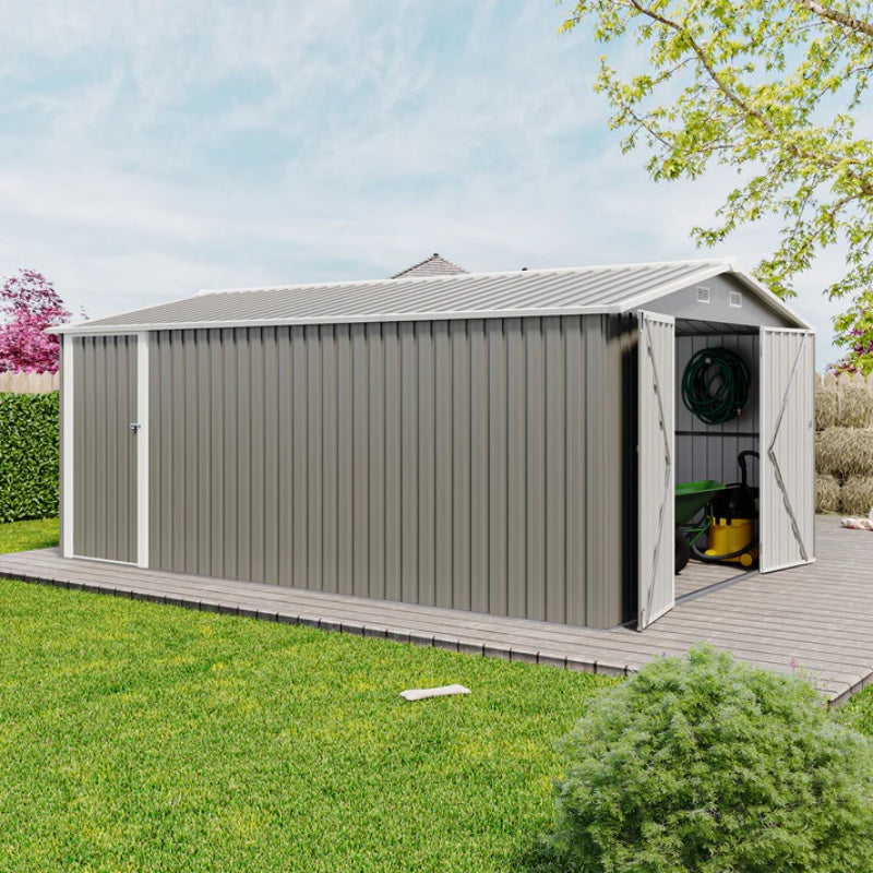 Campcraft Outdoor Storage Shed 10×14 FT with 3 Lockable Doors,Utility Tool Shed Metal Storage Garden Sheds Frame and 4 Vents,for Backyard,Patio,Lawn,Light Grey-海智集-Default-