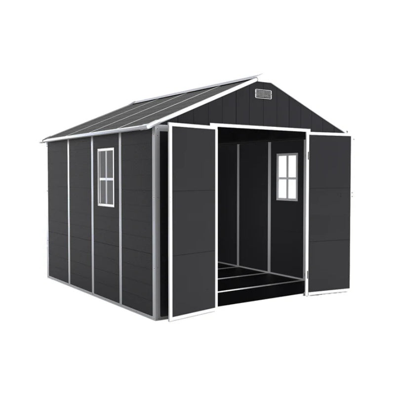 Campcraft 8*8ft resin storage shed, high quality pp material, strong structure, waterproof, rust and UV proof, large storage space, 12mm thick pp board, HD window lighting Dark gray-海智集-Default-
