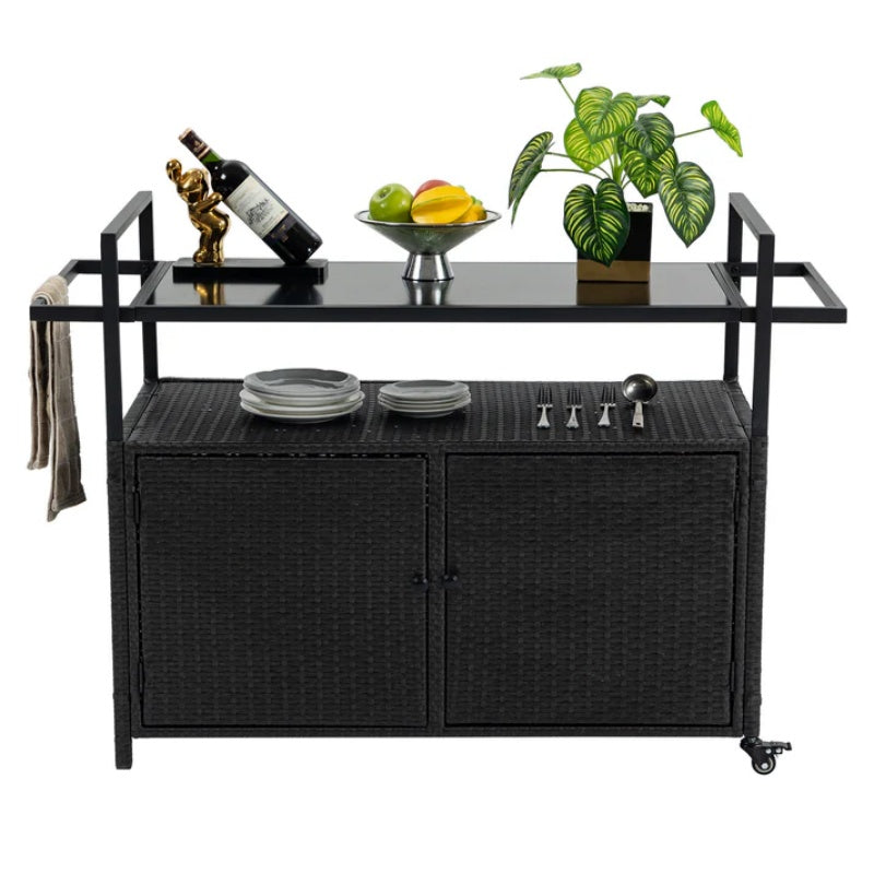 Outdoor Wicker Bar Cart, Patio Wine Serving Cart w/Wheels, Rolling Rattan Beverage Bar Counter Table w/Glass Top for Porch Backyard Garden Poolside Party, Black-海智集-Default-