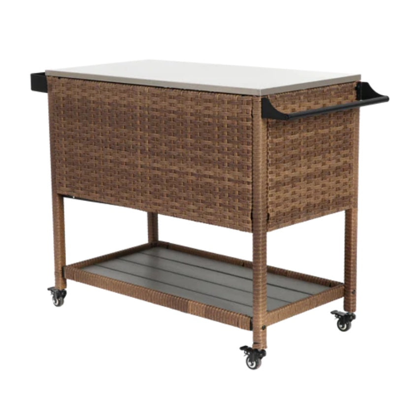 Outdoor Wicker Bar Cart, Patio Wine Serving Cart w/Wheels, Rolling Rattan Beverage Bar Counter Table w/Glass Top for Porch Backyard Garden Poolside Party, Brown-海智集-Default-