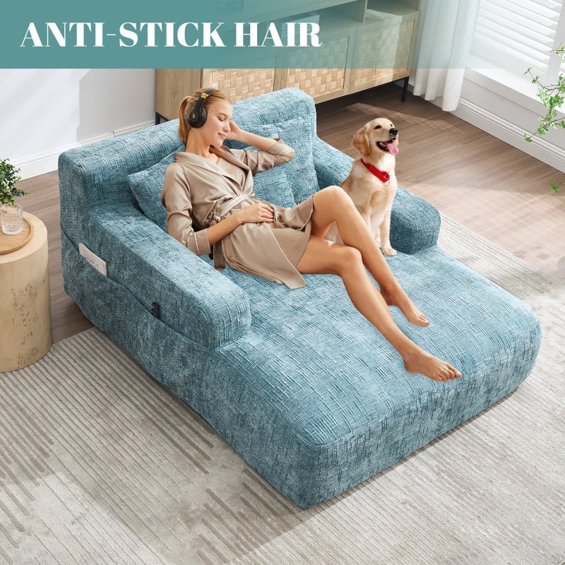Mint Blue Chenille Interior Lazy Sofa Chaise Lounge Armchair with Three Pillows and Armrests-海智集-Default-
