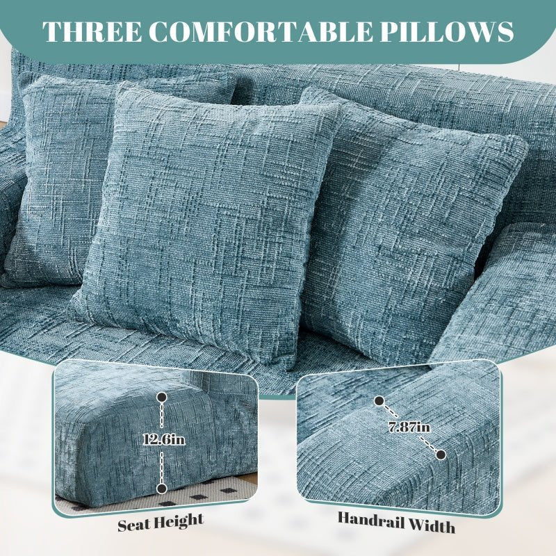Mint Blue Chenille Interior Lazy Sofa Chaise Lounge Armchair with Three Pillows and Armrests-海智集-Default-
