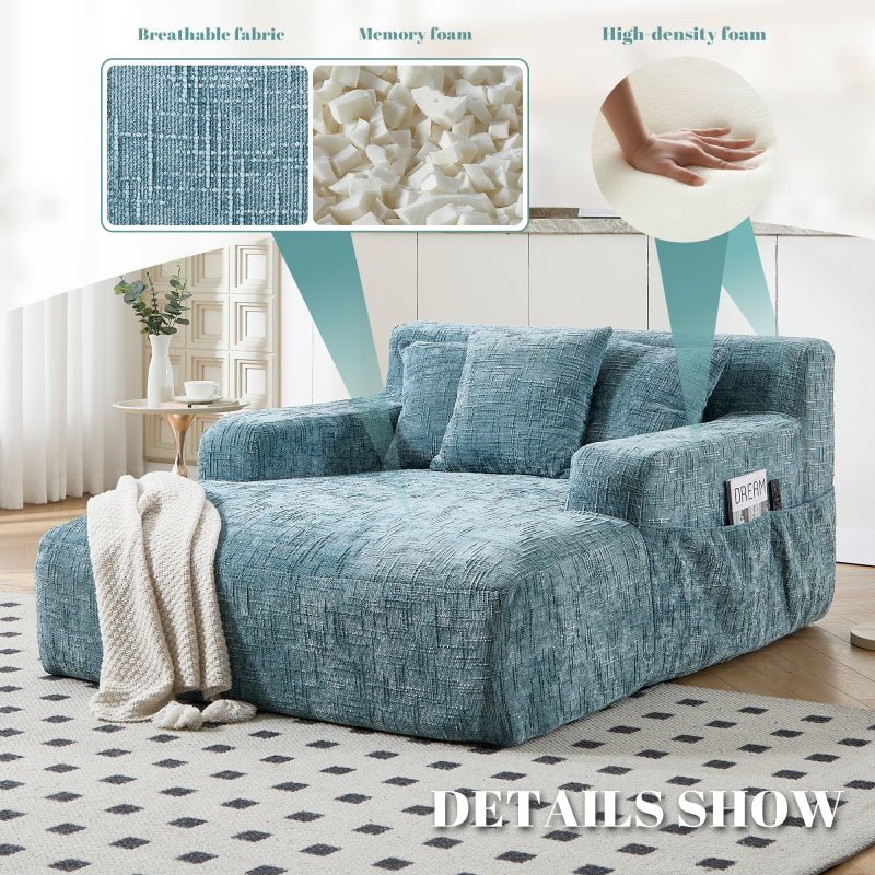 Mint Blue Chenille Interior Lazy Sofa Chaise Lounge Armchair with Three Pillows and Armrests-海智集-Default-