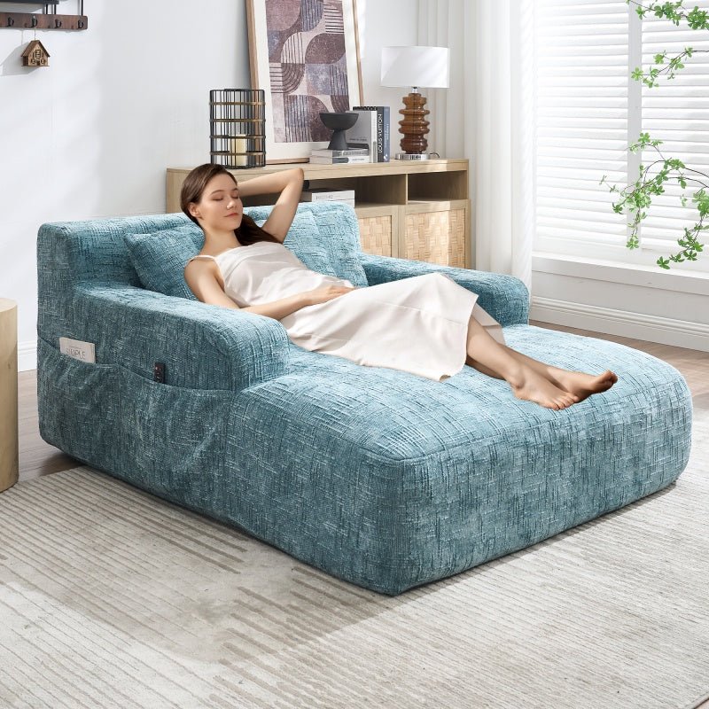Mint Blue Chenille Interior Lazy Sofa Chaise Lounge Armchair with Three Pillows and Armrests-海智集-Default-
