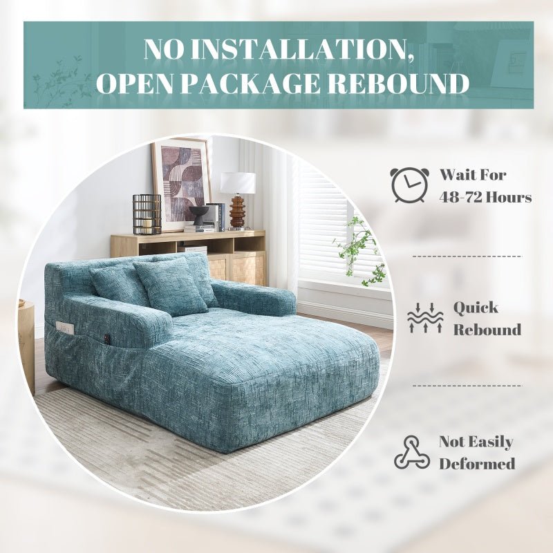 Mint Blue Chenille Interior Lazy Sofa Chaise Lounge Armchair with Three Pillows and Armrests-海智集-Default-
