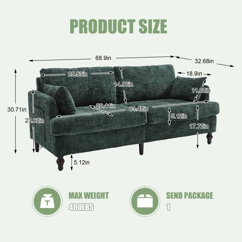 Modern Chenille 2-Seater Sofa with LED Light, USB Charging Port, and Storage Bag in Emerald-海智集-Default-
